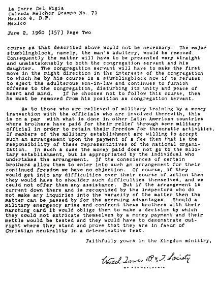 Brief des Hauptbüros Brooklyn an den Zweig Mexiko vom 2. Juni 1960 Wahrheiten jetzt! 13. Anhang Der Gewissenskonflikt – Menschen gehorchen oder Gott treu bleiben