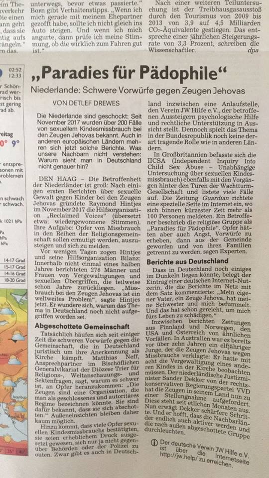 Jehovas Zeugen News Paradies für Pädophile Zeitungsartikel Nürnberger Nachrichten 08.04.2018 Missbrauch Wahrheiten jetzt! Jehovas Zeugen - wegen Verdachts auf sexuellen Missbrauch unter Druck