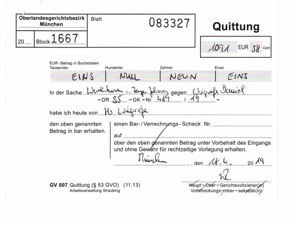 Quittung des Gerichtsvollziehers, die Summe von 1091,58 Euro wurde beglichen